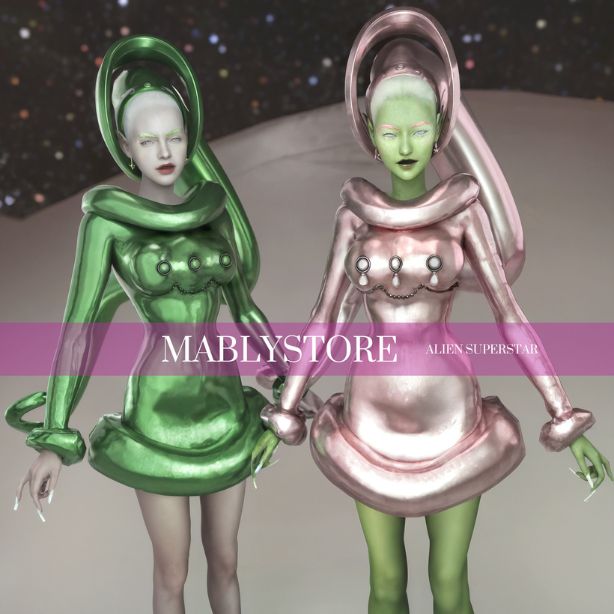 alien sims wearing unique, metallic headpieces and dresses