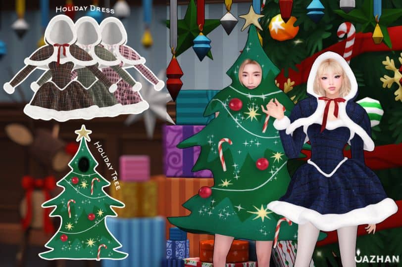 sims wearing holiday dresses and a Christmas tree outfit