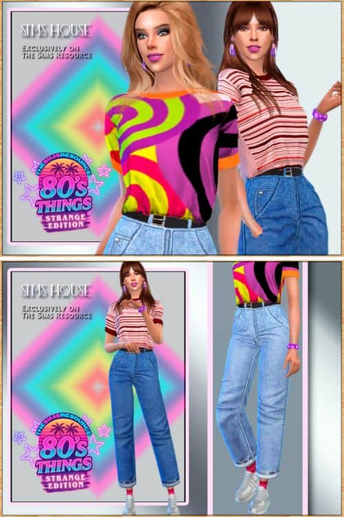 female sims wearing colorful T-shirts and blue jeans
