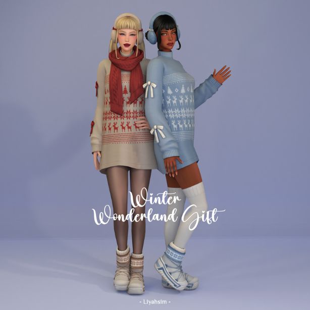 female sims wearing sweater dresses, earmuffs and cozy boots