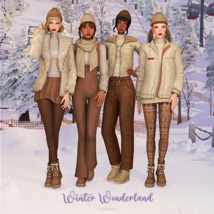four female sims wearing light beige and brown winter clothes