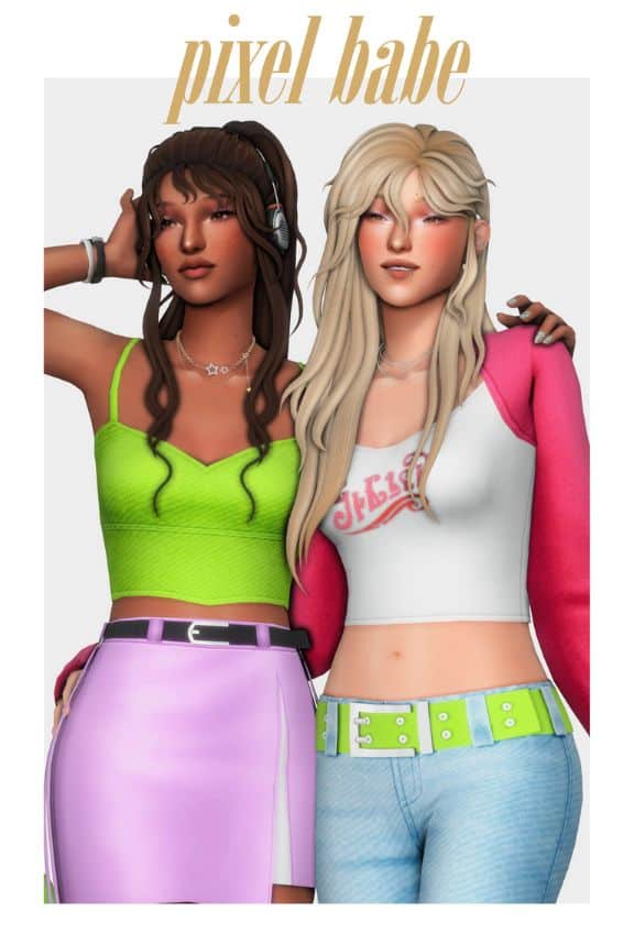 female sims wearing colorful clothes and with fun hairstyles