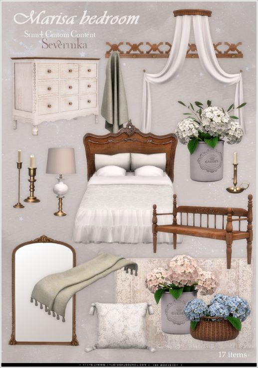 a collage of bedroom furniture and decor pieces in a country-vintage aesthetic