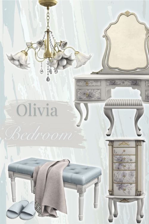collage of a dressing table, bench, dresser and light fixture