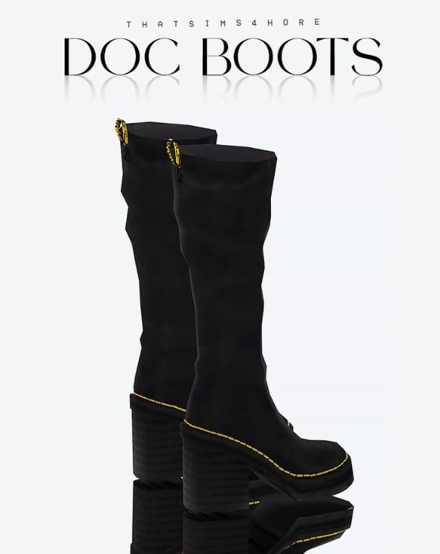 black boots with a thick heel and yellow stitching
