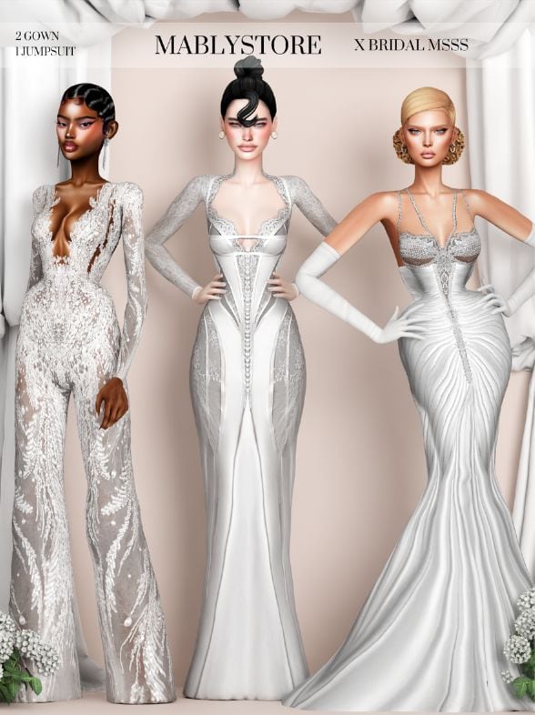 female sims wearing wedding dresses and a bridal jumpsuit