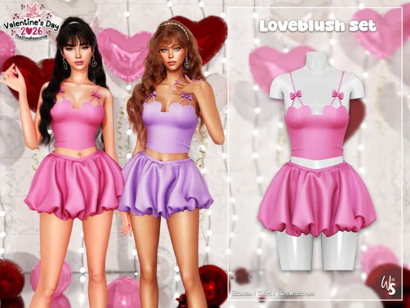 female sims wearing tops with heart-shape cups and mini skirts