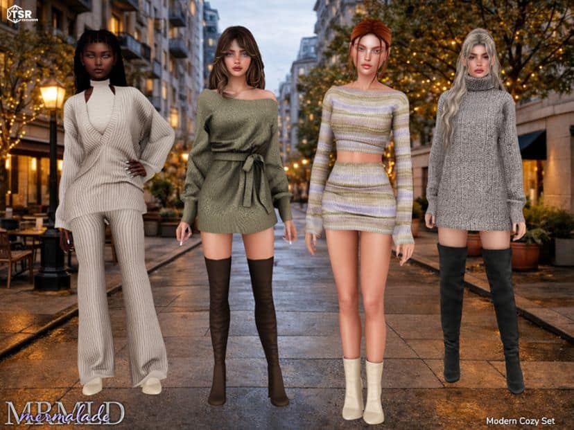female sims dressed in modern, knit outfits