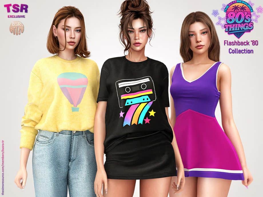 female sims wearing casual, 80s outfits