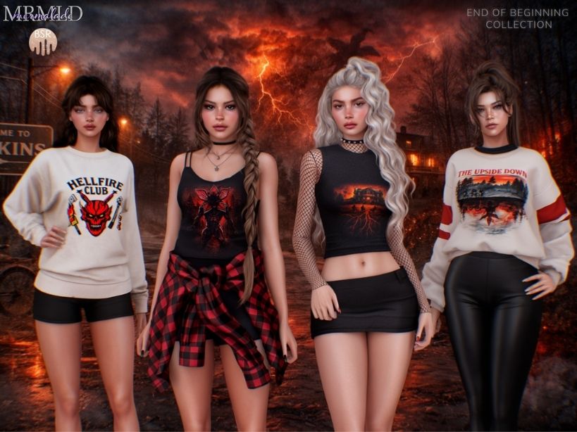 female sims dressed in Stranger Things inspired clothing pieces