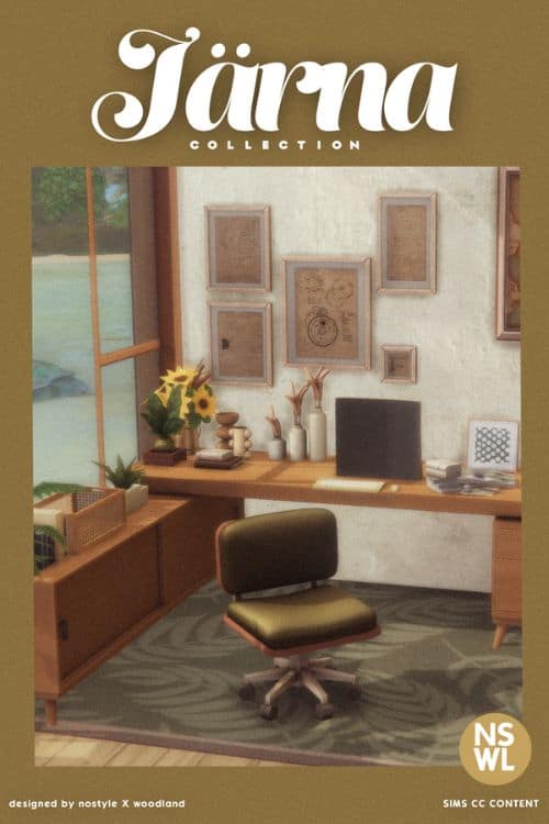 a wooden desk and cushion office chair