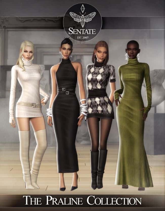 female sims wearing figure-hugging dresses and chic boots