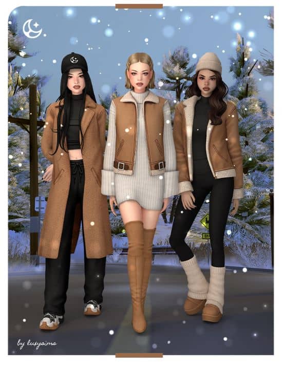 female sims dressed in shealing jackets and vests