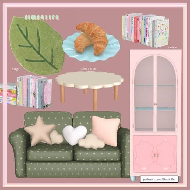 collage of furniture and decor pieces for a cute reading corner