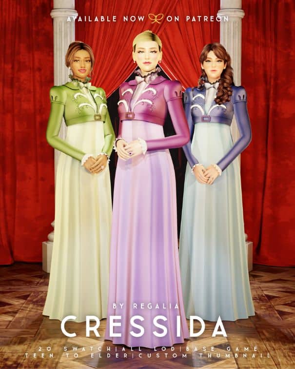 female sims wearing dresses inspired by Cressida