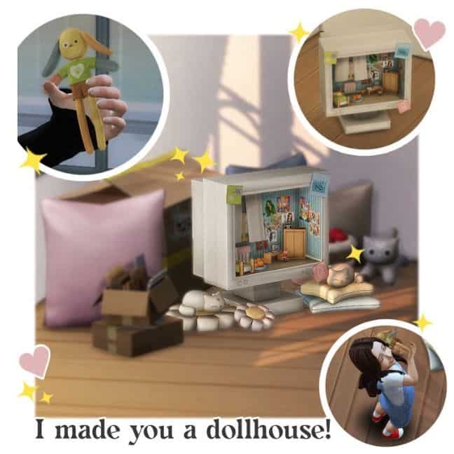 a room with a dollhouse and dolls