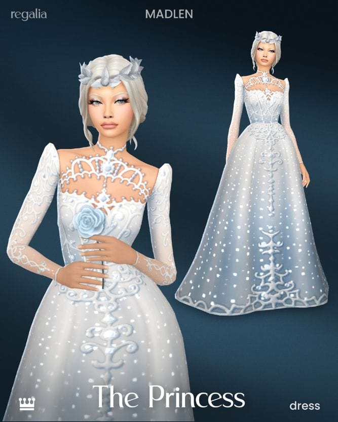 female sim wearing white princess dress with lace details and pearl sparkles