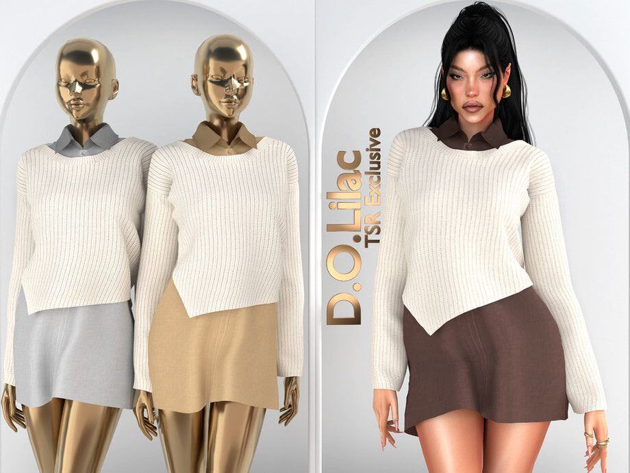 female sim and mannequins wearing a casual dress with a sweater on top
