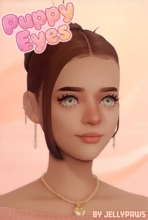 female sim with downturned, large doll-like eye preset