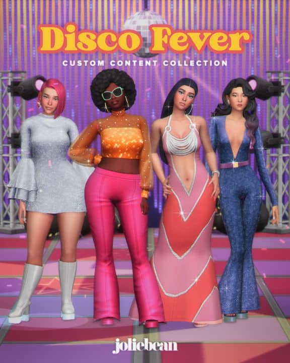 female sims wearing different outfits for disco
