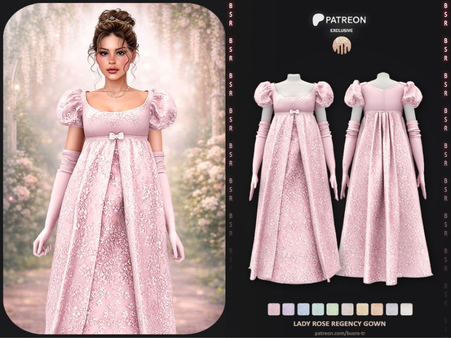 female sim wearing a pink Regency-inspired gown