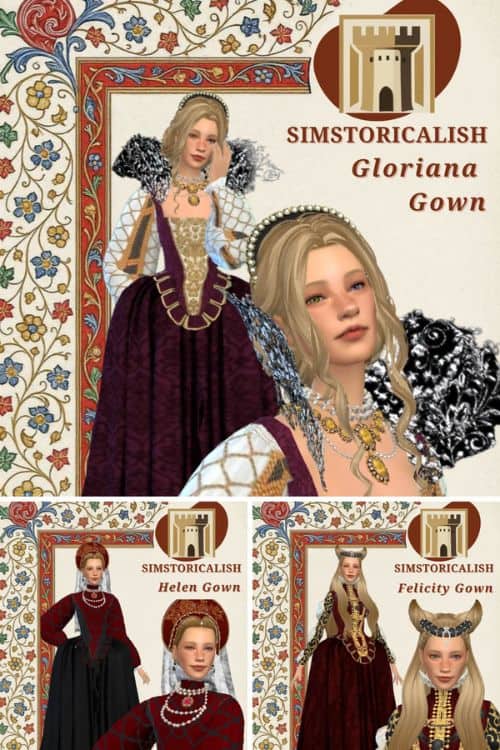 female sims wearing medieval gowns
