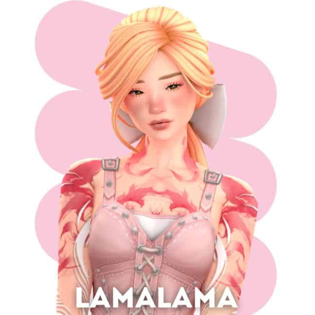 blond female sims with a low ponytail tied with a large bow