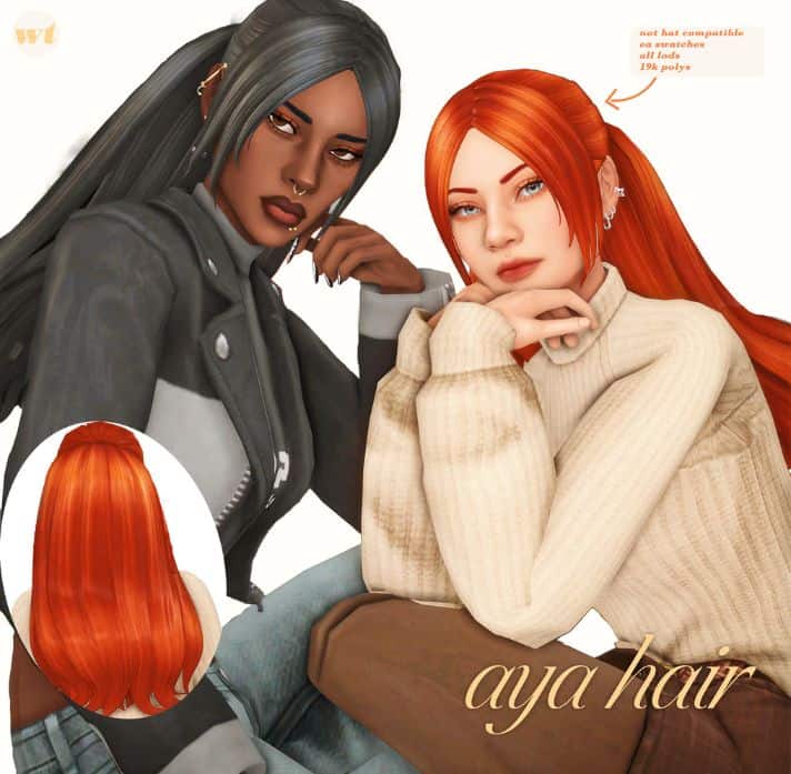 female sims with thick ponytails and thick hair strands at the front