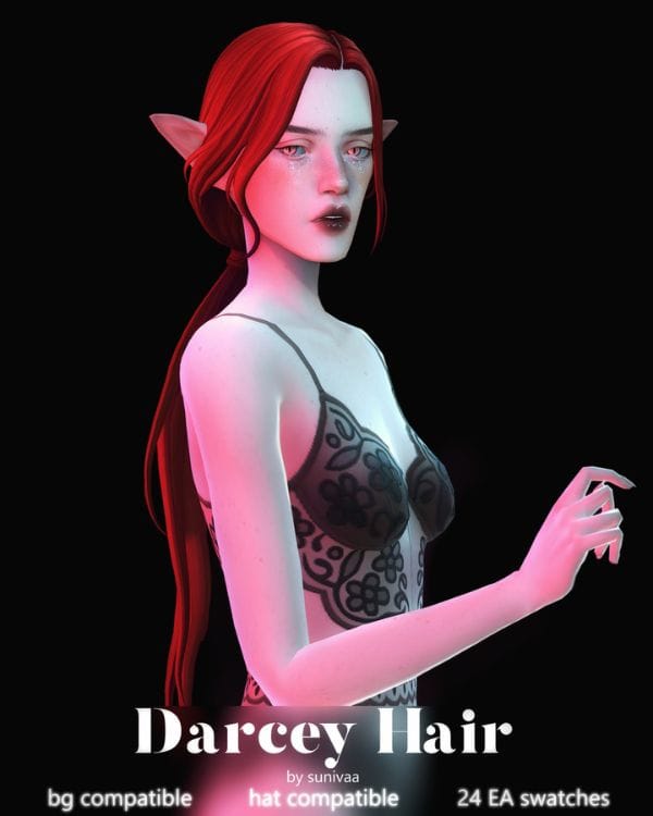 female sim with a extra long, low ponytail