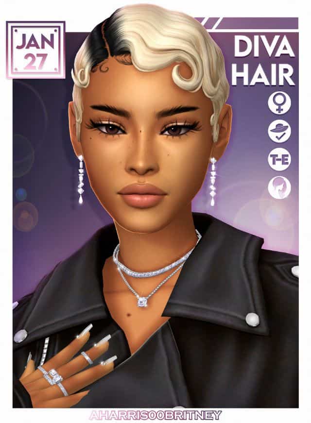 female sim with a very short hairstyle with a side part and curled ends