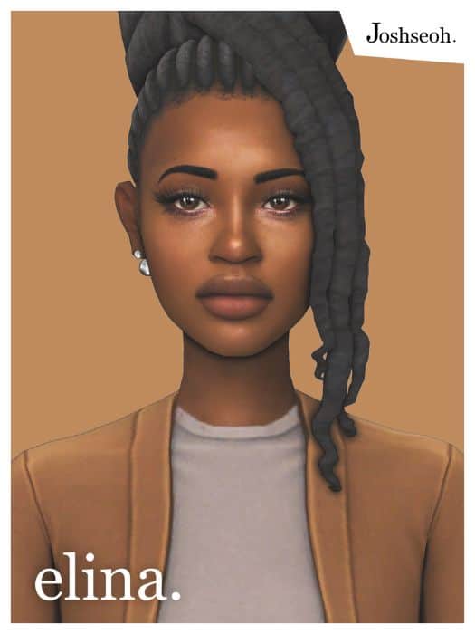 black female Sim with a high twist updo hairstyle
