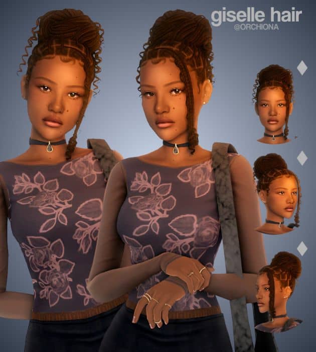 black female sim with a high braided bun and curly tendrils