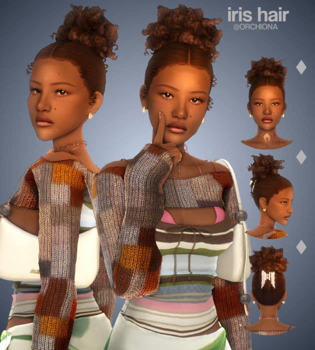 black female sim with a curly textured updo hairstyle