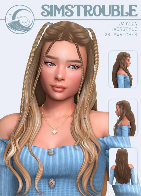 female sim with long hair and small braids
