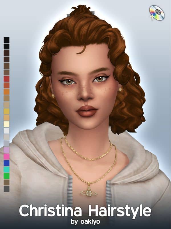 female sim with short curly bob, half up in a claw clip