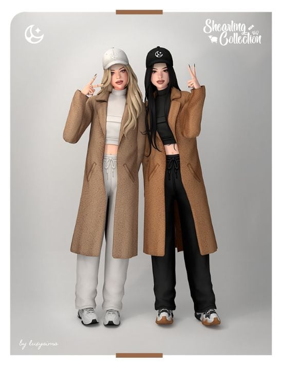 female sims wearing long jackets