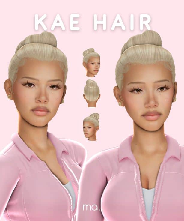 blond female sim with a tidy, combed back bun
