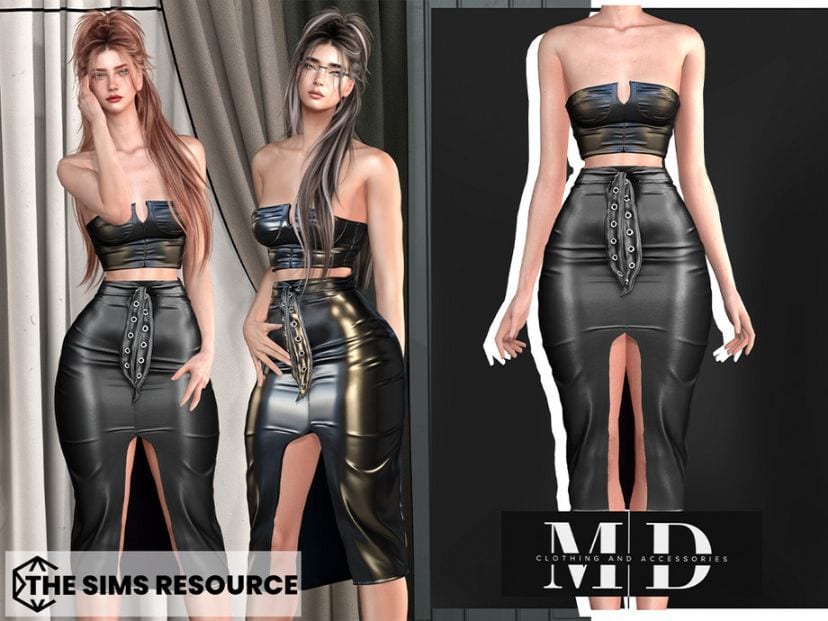 female sims wearing leather tops and skirts