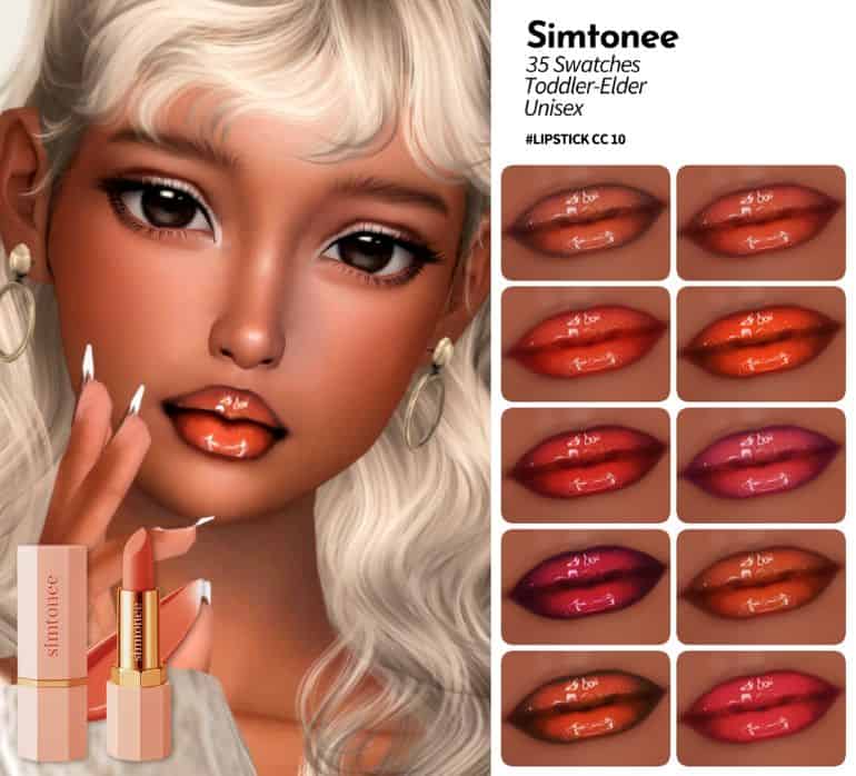 female sim wearing glossy lipstick with a darker liner