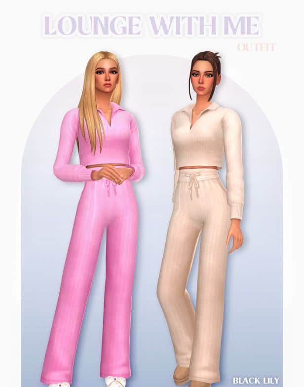 female sims wearing matching loungewear sets