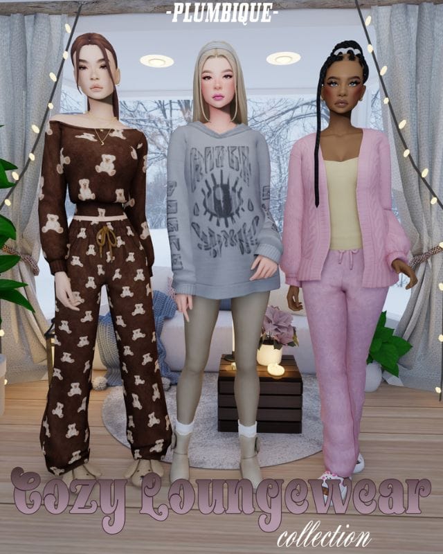 female sims wearing different loungewear sets
