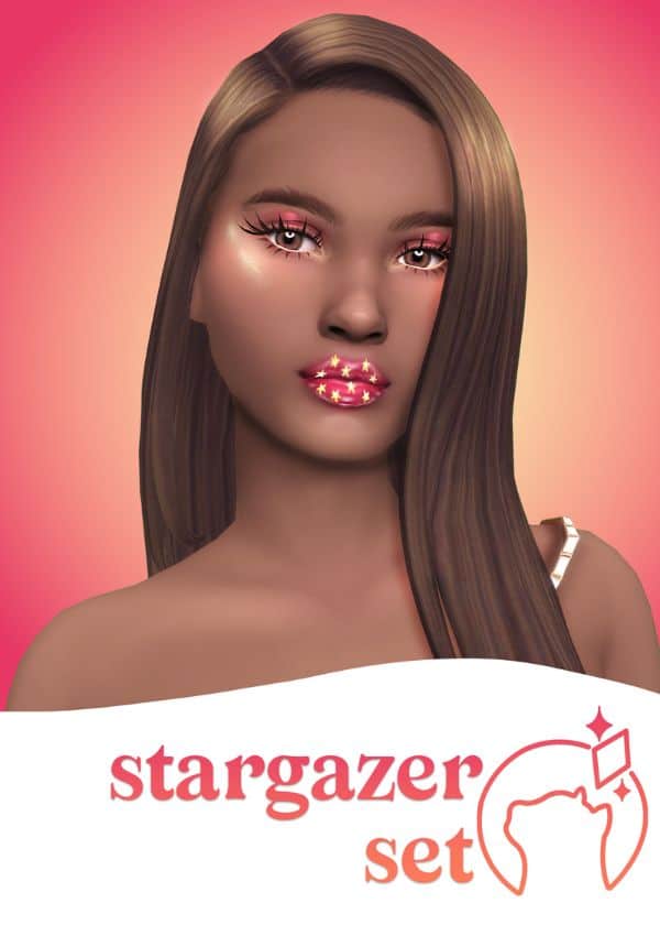 female sim with reflective makeup and starry lipstick