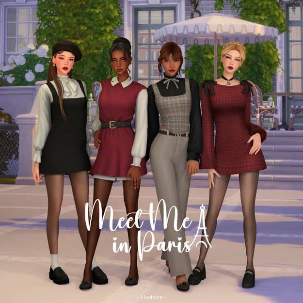female Sims dressed in Paris-inspired clothing