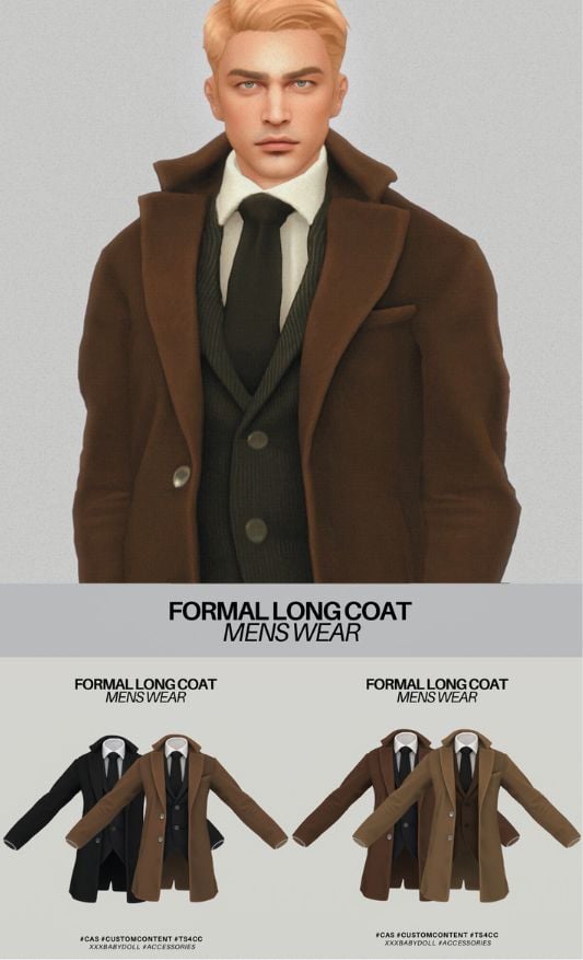 male sim wearing a formal, long coat