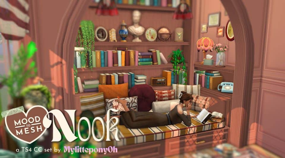 a sim reading in a cozy, reading nook filled with books