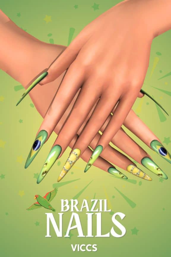 close up of Brazil-flag inspired nails