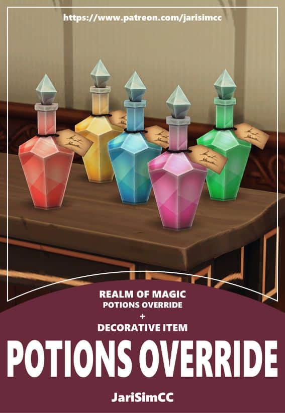 five potions bottle of different colors standing on a table