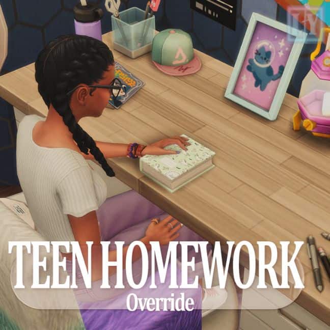 teen sim doing homework at their desk