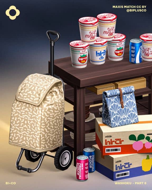 a grocery cart, noodle cups and more packages