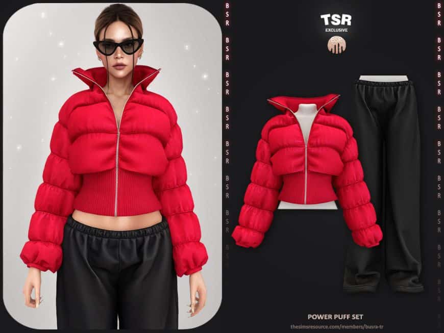 female sim wearing a red puffer jacket and black jogger-style pants